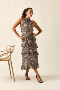 Vestido sin mangas volantes cebra marrón oscuro