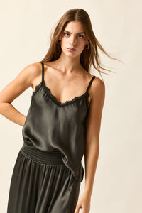 Top raso cinzento com renda e decote em bico