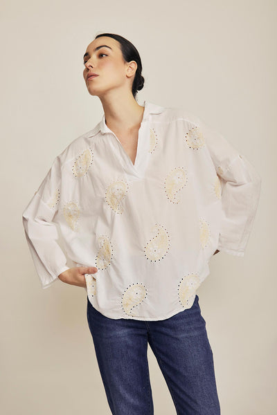 Cargar imagen en el visor de la galería, Camisa oversize cachemir dorado blanco
