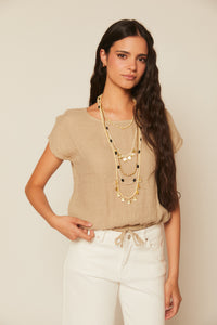 Top de lino con cordón ajustable camel