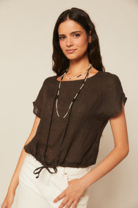 Top de lino con cordón ajustable marrón
