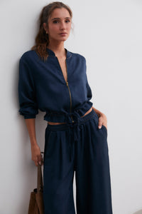 Bomber chambray azul tejano con cremallera