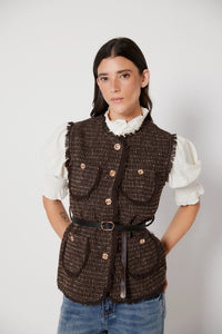 Colete jacquard castanho com franjas