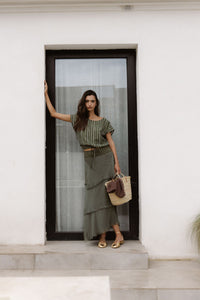 Falda midi de volantes verde kaki