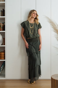 Falda midi de volantes verde kaki