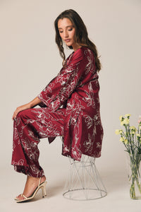 Kimono longo estampado em vinho