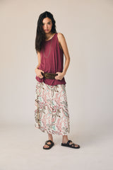 Saia midi paisley com botões frontais