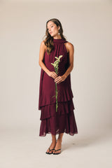 Vestido midi halter volantes granate