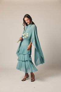 Vestido midi halter volantes aguamarina