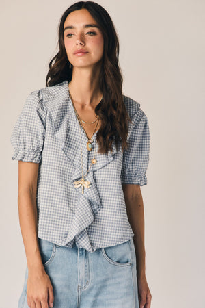 Blusa volante vichy manga corta azul tejano
