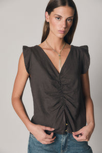 Blusa de lino con frunce central marrón