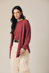 Casaco de malha fino aberto vinho