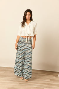 Pantalón fluido estampado de ondas azul