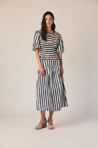 Falda midi amplia rayas azul