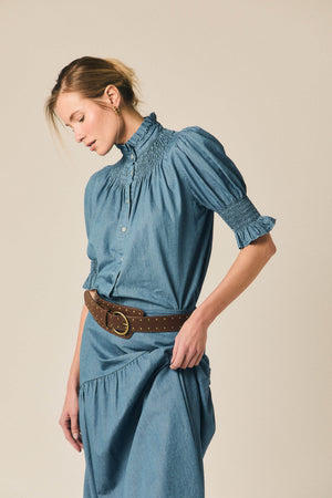 Saia longa chambray azul evasé