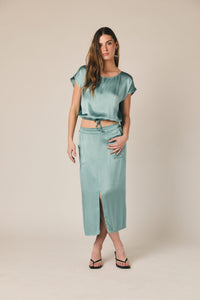 Falda midi de raso aguamarina