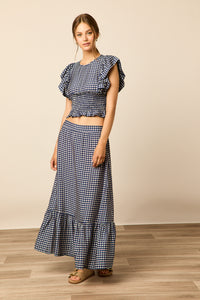 Falda midi volantes vichy azul marino
