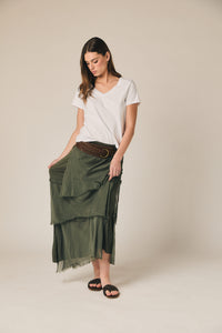 Falda midi de volantes verde kaki