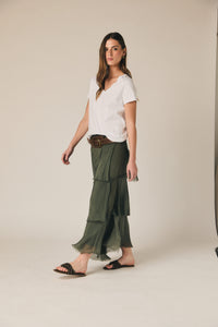 Falda midi de volantes verde kaki