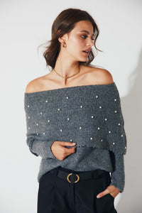 Jersey cuello barco perlas gris