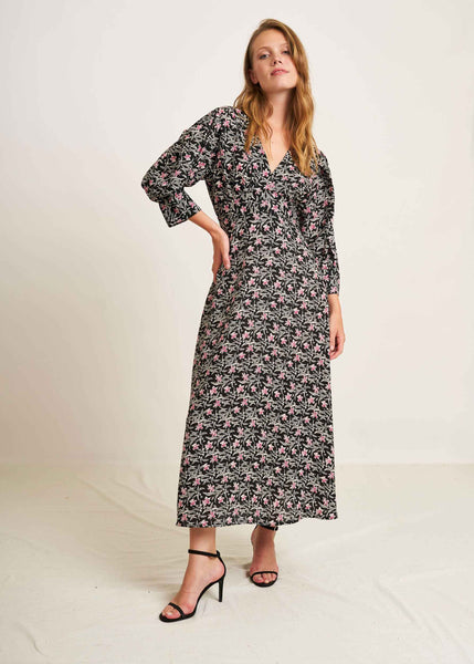 Cargar imagen en el visor de la galería, Vestido midi estampado floral fucsia y negro
