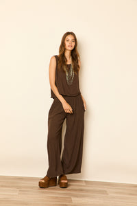 Pantalón ancho lino marrón