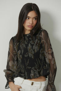 Top tul nido de abeja maxi estampado floral negro