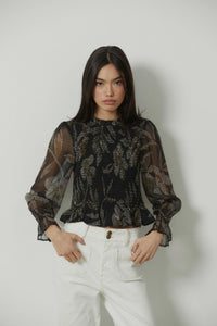 Top tul nido de abeja maxi estampado floral negro