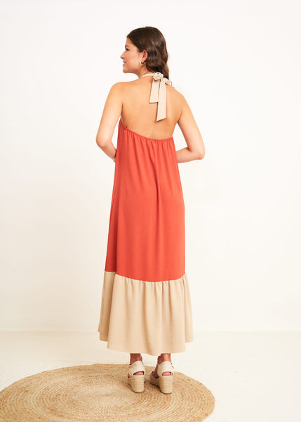 Cargar imagen en el visor de la galería, Vestido cuello halter combinado teja
