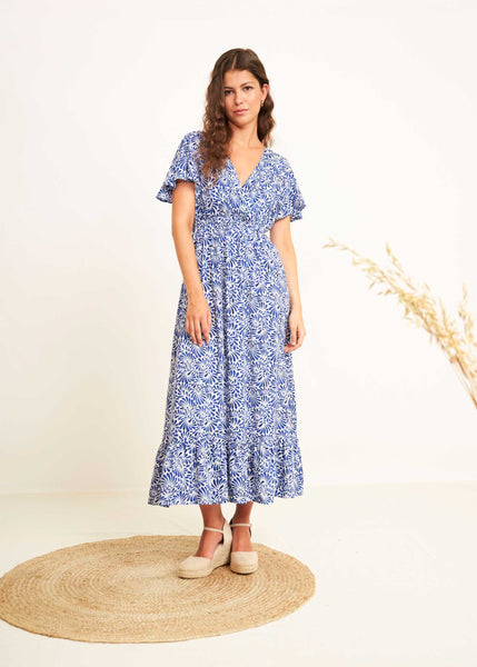 Cargar imagen en el visor de la galería, Vestido largo estampado pétalos azul
