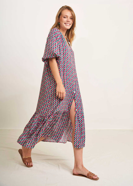 Cargar imagen en el visor de la galería, Vestido midi estampado geométrico azul petróleo

