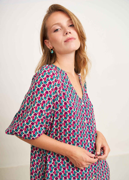 Cargar imagen en el visor de la galería, Vestido midi estampado geométrico azul petróleo
