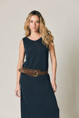 Vestido longo em malha azul marinho