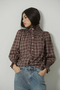 Camisa cuadros fruncida marrón