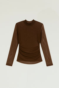 Top de tule castanho sem mangas com franzidos 