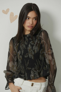 Top tul nido de abeja maxi estampado floral negro